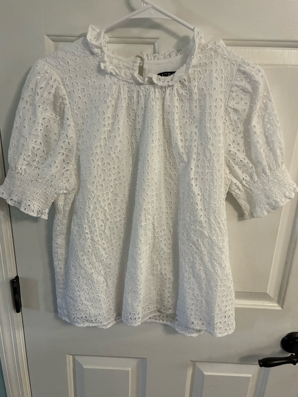 J. Crew White Eyelet Ruffle-Trim Puff Sleeve Blouse